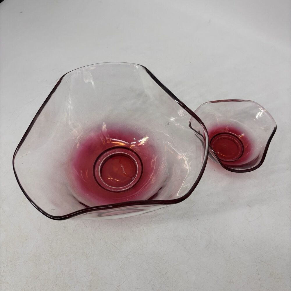 VTG MCM Pink Ombre Scalloped Chip and Dip Bowl Set RETRO Indiana Glass 1970s